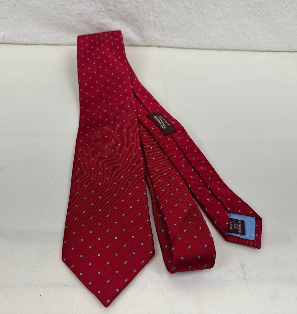 T.M Lewin Tie Handmade Red Silk Diagonal Pattern with Blue Diamonds